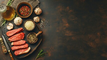 Wall Mural - Raw meat on a wooden cutting board with spices and herbs. Generative AI.