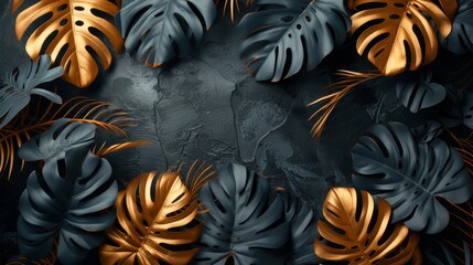 Exotic black and gold leaves with space