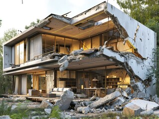 Wall Mural - A house that has been destroyed by a landslide. Generative AI.