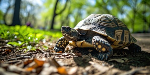 Canvas Print - A tortoise walking through the woods. Generative AI.