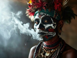 Canvas Print - A man with a skull face and smoke coming out of his mouth. Generative AI.