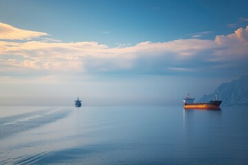 View of two cargo ship in the Mediterranean Sea off Salerno coastline, Campania, .