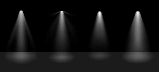 Poster - Theater show spotlight effect. Vector spot lightened stage background. White lamp glow in black concert studio. Night award scene.