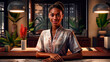 Portrait of a smiling young African-American woman at the reception of a cozy home Asian hotel.
