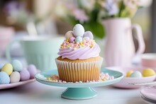 Colorful Cupcakes On A Plate At The Easter Table