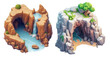 3D Illustrated Caves with River and Cliff on White Background
