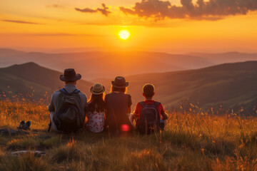 Rear view of happy family looking at beautiful view at sunset. Nature, travel and holiday concept