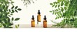 Natural medicine or aroma oil or beauty essence concept mockup three vials with dropper with droplet on glass stand with green plant and white background. Face and body spa serum care fresh concept
