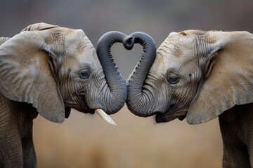 Two elephants standing facing each other with their trunks closed in the shape of a heart, gray and sand tones. Concepts: love, lovers, Valentine's day