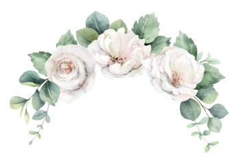 Wall Mural - Watercolor vector floral wreath. White roses and greenery. Branches of eucalyptus. Foliage arrangement for wedding stationary, greetings, wallpapers, fashion, fabric, home decoration. Hand painted