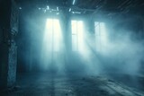 Fototapeta Uliczki - Empty abandoned ruined building inside in smoke and fog