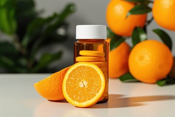 Medicine bottle of vitamins or pills with sliced orange, vitamin C, multivitamin natural supplement, bottle mockup