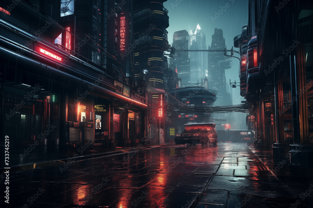 Neon city. Futuristic landscape with cyberpunk buildings and neon ...