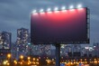 Blank black horizontal billboard on skyline background at evening, front view. Mock up, advertising concept
