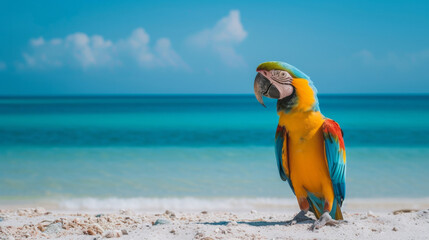 Wall Mural - Selective focus red and blue macow parrot bird on the beach with sea background. Colorful big Macaw parrot at the beach. Closeup colorful bright parrot on beach at tropical island