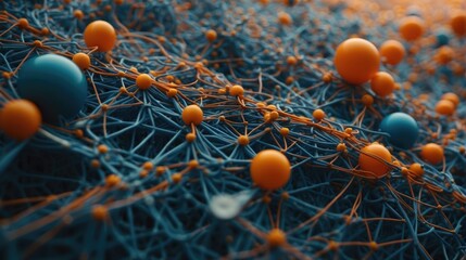 A close up of a network of orange and blue balls. Generative AI.