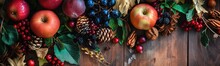 Many Fruits And Vegetables On A Wooden Table. Autumn Background . Banner