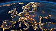 A digital graphic depicting a night view of Earth focused on Europe with interconnected glowing lines illustrating network connections