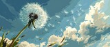Fototapeta  - Macro Blow ball. Dandelion illustration with multiply seeds on sky background