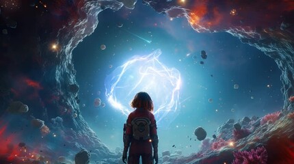 journey to the unknown: girl astronaut walking towards portal seamless looping 4k time-lapse virtual