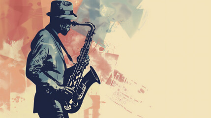 Afro-American male jazz musician saxophonist playing a saxophone in an abstract vintage distressed style painting for a poster or flyer, stock illustration image