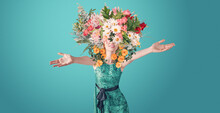 Abstract Surreal Art Collage Of Young Woman With Flowers. Fashion Portrait In Summer Style.