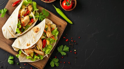 Wall Mural - Authentic Mexican cuisine featuring flavorful chicken and vegetable fajita wraps on freshly-made tortillas.