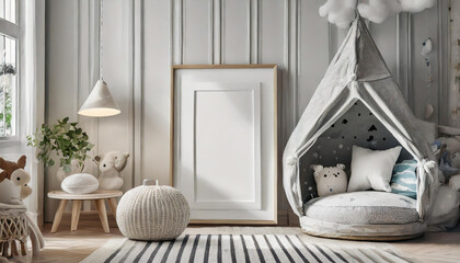 Mock up frame in unisex children room interior background, 3D render