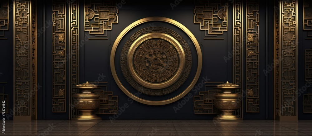 black and gold background chinese interior design podium room Stock ...