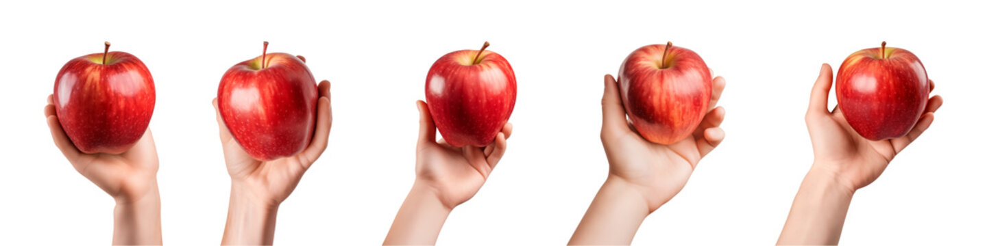 Collection of hand-holding red apples isolated on a transparent background