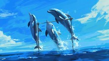 Trio Of Dolphins Leaping Over A Pole Held By A Trainer