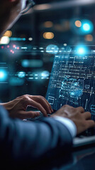 Close up of man hands typing on laptop keyboard in office at night