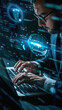 © Art AI Gallery - Close up of businessman hands typing on laptop keyboard in dark office with double exposure of padlock and binary code. Concept of cyber security.