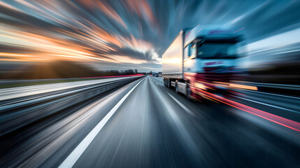 a sleek, modern truck speeding down the autobahn, captured with a motion blur effect to accentuate its high velocity