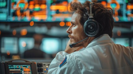 Poster - Engineer with headset in a launch control room, staring at screens a launch that about to happen, stress is palpable. Generative AI.
