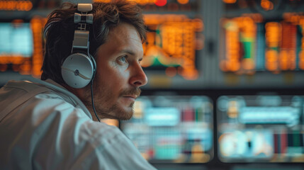 Leinwandbilder - Engineer with headset in a launch control room, staring at screens a launch that about to happen, stress is palpable. Generative AI.