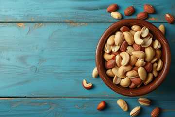 Wall Mural - Wooden Bowl Filled With Nuts on Blue Table