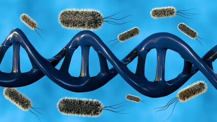 Wall Mural - 3d rendering of a double helix DNA strand surrounded by several rod-shaped bacteria, the interaction between bacteria and DNA.