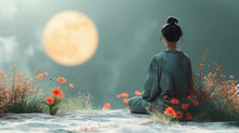 Tranquil Woman Admiring Full Moon Amidst Blooming Orange Flowers