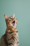 Fototapeta Na drzwi - Surprised shocked cat with open mouth and big eyes isolated on flat solid background.