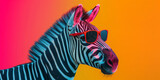 Fototapeta Na drzwi - Multicolored neon party zebra wearing sunglasses on vivid background.