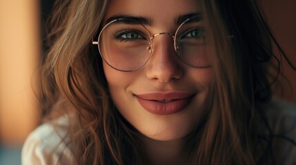 Sticker - A close-up of a young woman with long hair wearing glasses and displaying a soft smile with pink lips.