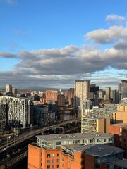 Canvas Print - Aerial view of Manchester skyline with modern buildings and landmarks. Manchester England. 