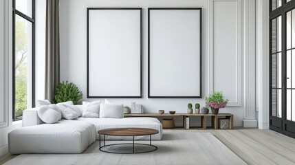 2 empty poster frame on the wall in living room interior with modern furniture and cool green plant decoration, white sofa and window with bright sunlight 3d