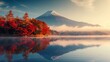 the vibrant hues of Autumn around Mount Fuji, as morning mist swirls over Lake Kawaguchiko