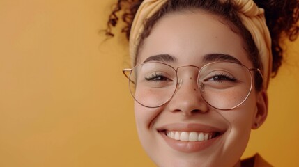 Canvas Print - A young woman with curly hair wearing glasses and a headband smiling at the camera against a yellow background.