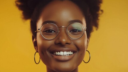 Wall Mural - A smiling woman with curly hair wearing round glasses and hoop earrings set against a yellow background.