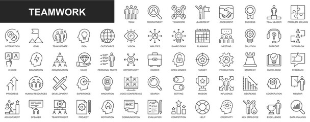 Poster - Teamwork web icons set in thin line design. Pack of team, recruitment, leadership, agreement, success, leader, problem solving, interaction, goal, idea, vision, other. Outline stroke pictograms