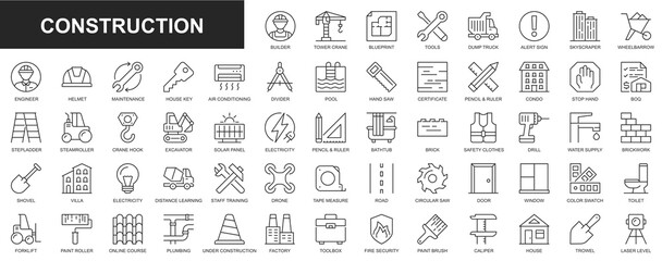 Poster - Construction web icons set in thin line design. Pack of builder, tower, blueprint, tools, skyscraper, wheelbarrow, engineer, helmet, maintenance, house, supply, other. Outline stroke pictograms
