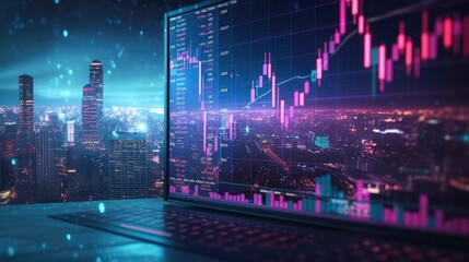 Aufkleber - Chart, trading, space in the background with turquoise purple and light blue colors. Generative AI.